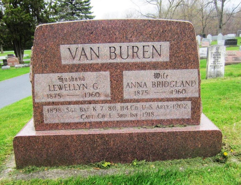 Van Buren, Llewellyn East Bloomfield Cemetery (South) Village of Bloomfield Van Buren served in active federal service during the Spanish-American War.