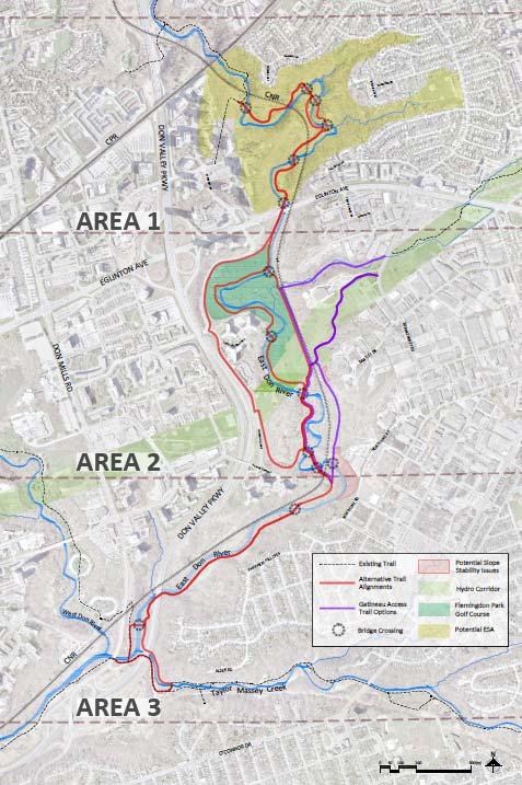 Areas Area 1 2 trail alignment options: Forest Trail A Forest Trail B Area 2 9 trail alignment options: Road Link A Road Link B Road Link C River