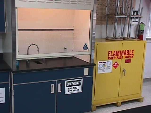 Fume Hood and Flammable Cabinet The fume hood is an exhaust fan for smelly or dangerous fumes.