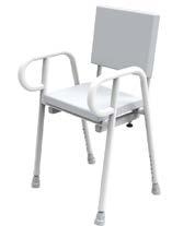 Manufactured out of 32mm aluminum tube meeting the Australian Standards for handrail tubing. Powder coated white. PU padded seat and back. adjustable legs. Depth adjustable backrest.