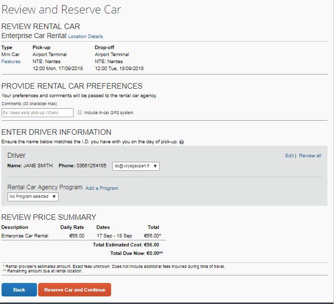BOOK A CAR A new page appears to check the selected information: You can here, add the name of a 2nd driver if necessary.