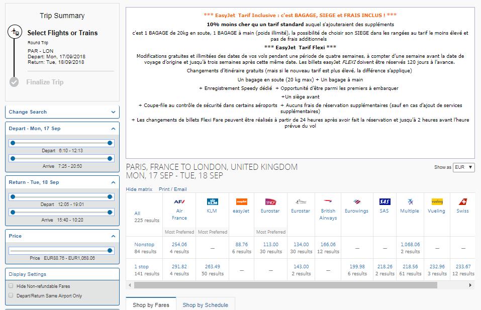 AIR TICKET BOOKING The search page is displayed : Important information about airlines : Concur displays a summary table of all flights available on the requested route (Concur offers both the train