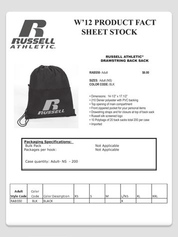 TRIPLE PLAY DELUXE BACK PACK RUSSELL TEAM BAGS RABP50 Adult $40.00 RAVB50 Adult Dimensions: 18 x 12.