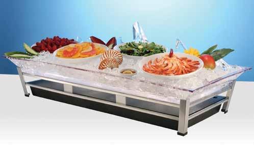 Ultimate Ice Display System Features Water Containment Unit (WCU). Perfect solution for skirt-less tables. Collects melted ice water for hours without visible buckets.