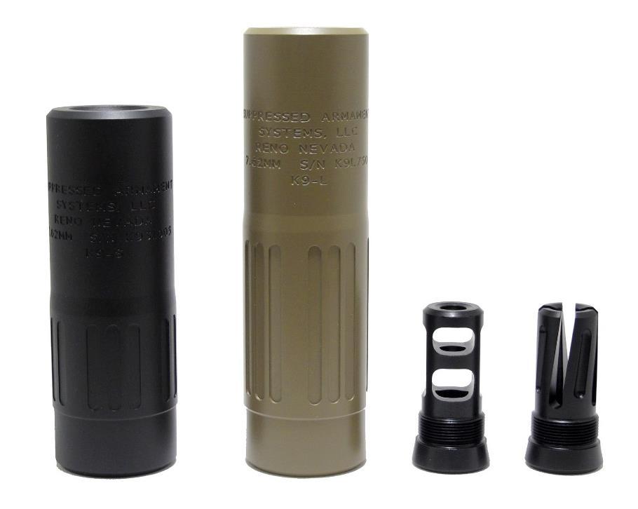 K9-S and K9-L The K9 series are lightweight and compact 30-caliber suppressors, which are very versatile and can be used on a variety of platforms, from 300 Blackout to 300 Remington Ultra Mag.