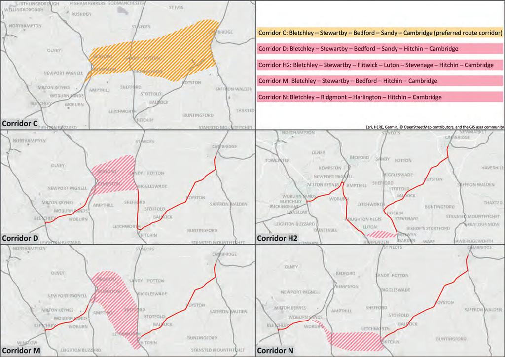 Figure 1: map of the five potential route corridors subject to detailed analysis Corridor C: Bletchley Stewartby Bedford Sandy Cambridge (preferred route corridor) Corridor D: Bletchley Stewartby