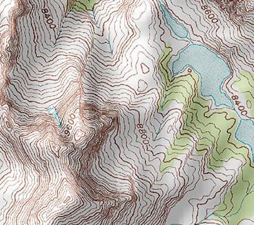 Topo Maps are color coded: BROWN/ Black: Contour Lines of Elevation WHITE: Area of No
