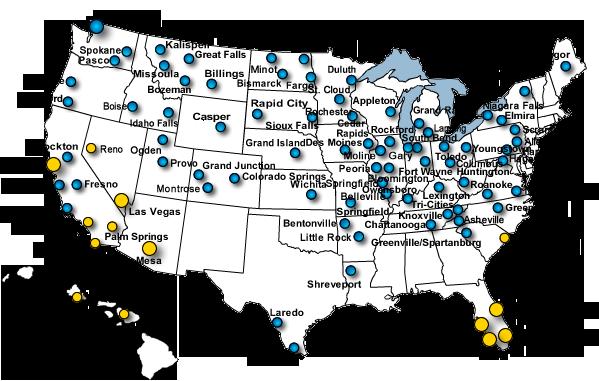Nationwide footprint Yellow dots leisure destinations Blue dots small cities Large dots - bases Based on current