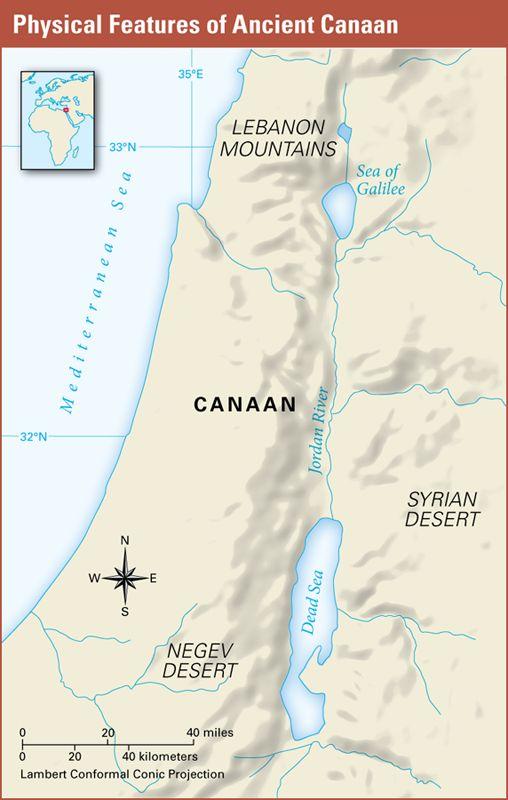 Physical Features of Canaan Canaan's physical features included plains and valleys, hills and mountains, deserts, and bodies of water. In the west, coastal plains bordered the Mediterranean Sea.