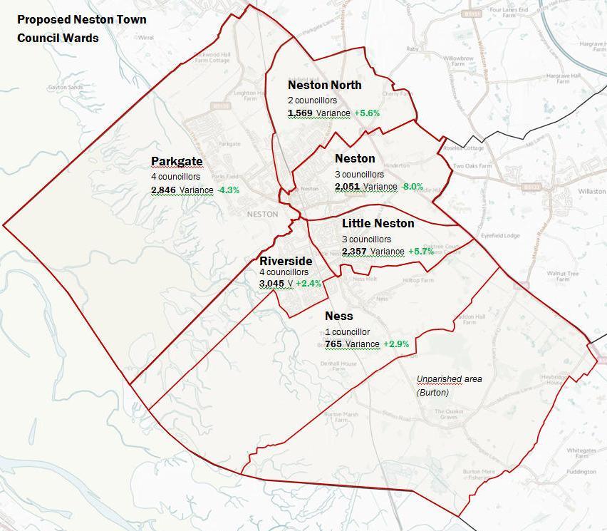 We propose that Neston Town Council wards are redrawn as follows: Proposed Town Electorate Electorate Variance TC ward Cllrs 2016 2023 2023 Parkgate 4 2,782 2,846 4.3% Neston 2 1,569 1,569 +5.