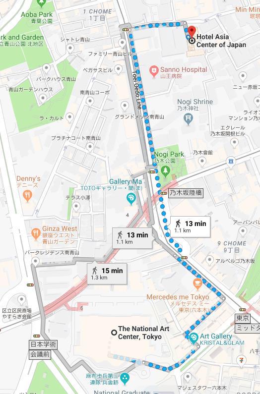 3. How to get back to the hotel from the Venue For those who are staying at Hotel Asia Center of Japan, a taxi costs (490JPY) 3minutes ride to the hotel Also, you can walk back from Dinner Reception