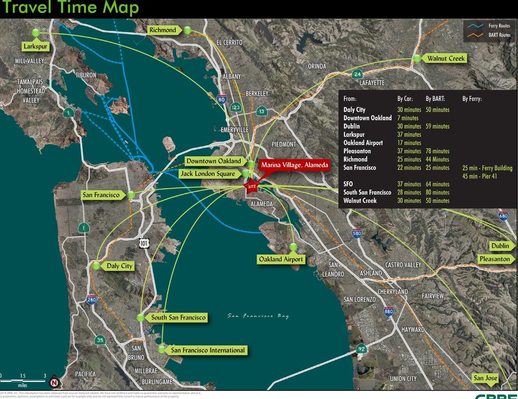 From: By Car: By BART: By Ferry: Daly City 0 minutes 50 minutes Downtown Oakland 7 minutes Dublin 0 minutes 59 minutes Larkspur 7 minutes Oakland Airport 7 minutes Pleasanton 7 minutes 78 minutes