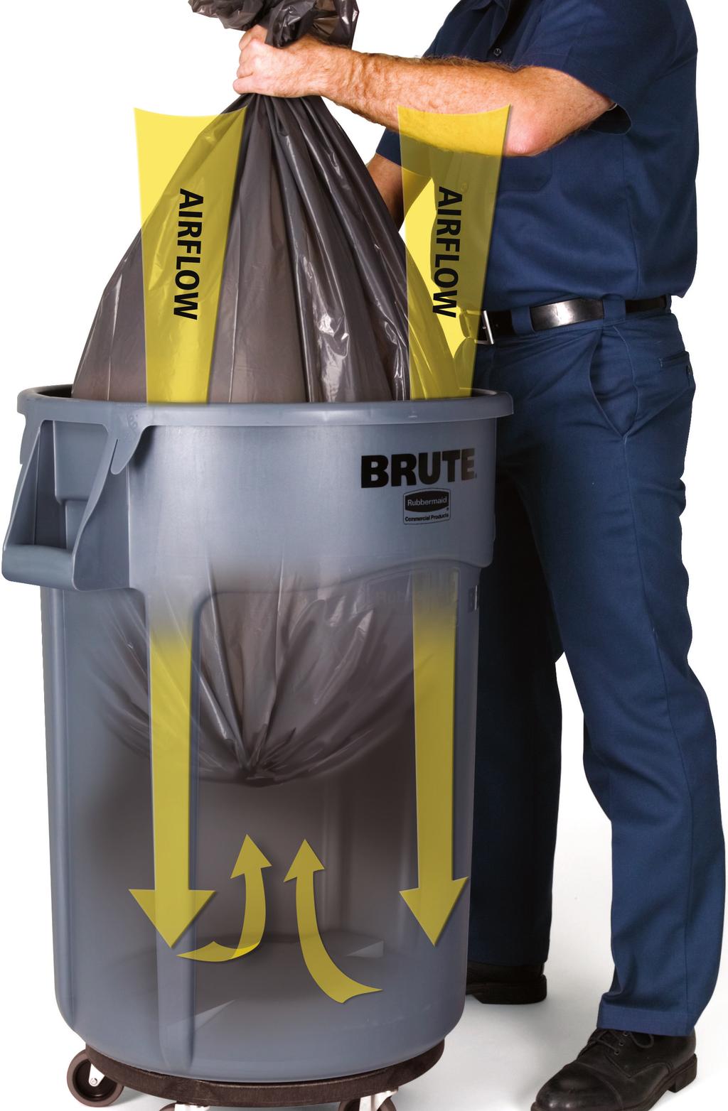 50% EASIER TO LIFT LINERS THE BRUTE IS DESIGNED WITH FOUR BUILT-IN VENTING CHANNELS that create airflow throughout the container.