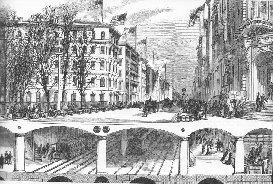 An arcade railway system and avenue was illustrated in Scientific American, February 9, 1867, to run under Broadway with provisions