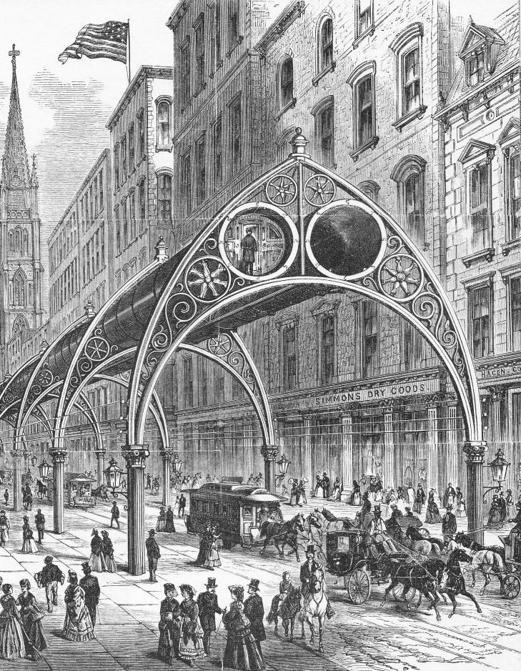 A railed pneumatic driven system elevated by Gothic arch spans set some 50 to 100 ft apart was proposed by R. H.