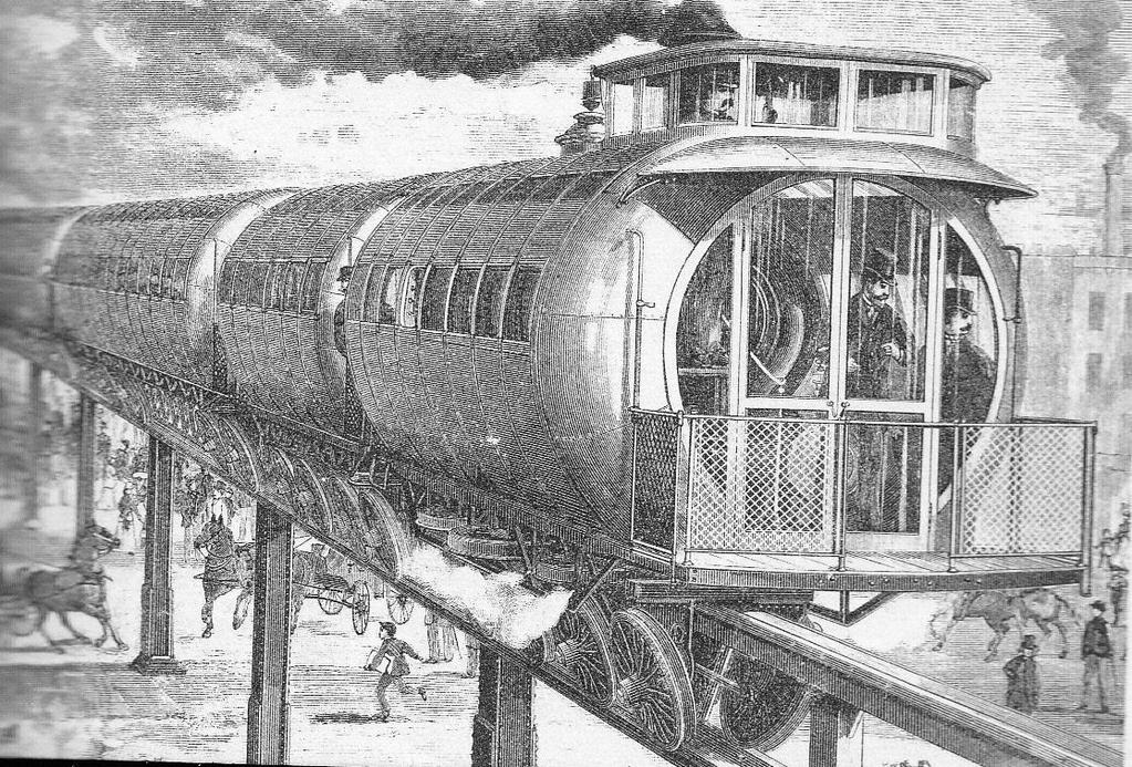 The proposed monorail system (below) was powered by steam driven horizontal wheels.