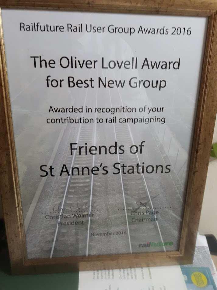 The group were very surprised and pleased to then take home the Oliver Lovell Award for 'Best New Group' Tony Ford, Chair of the Friends Group and also Chair of the South Fylde Line CRP was at the