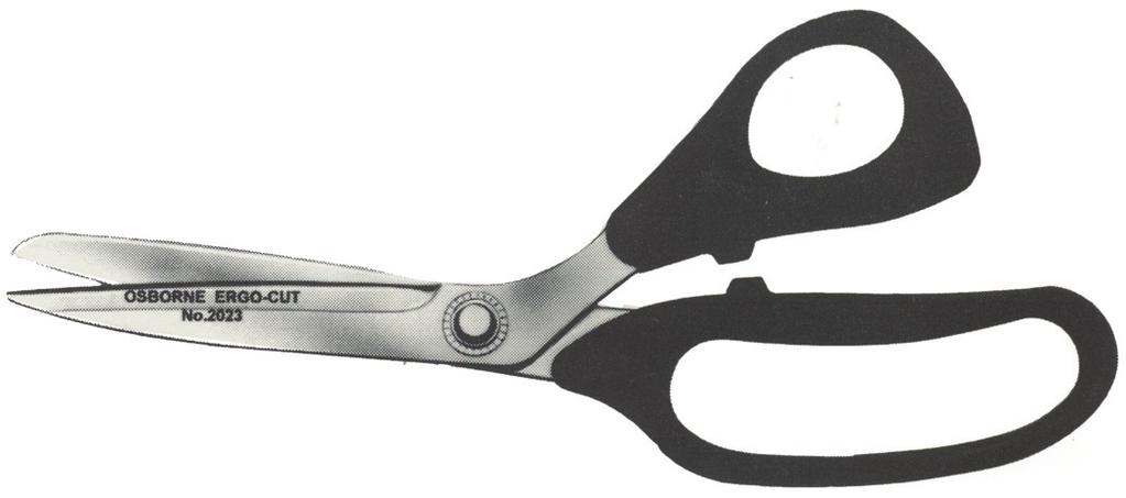 ERGO-CUT SCISSORS #2020 Premium Large ring industrial quality bent trimmer. The ring is designed to fit a complete hand thus allowing the hand to function in a normal manner.