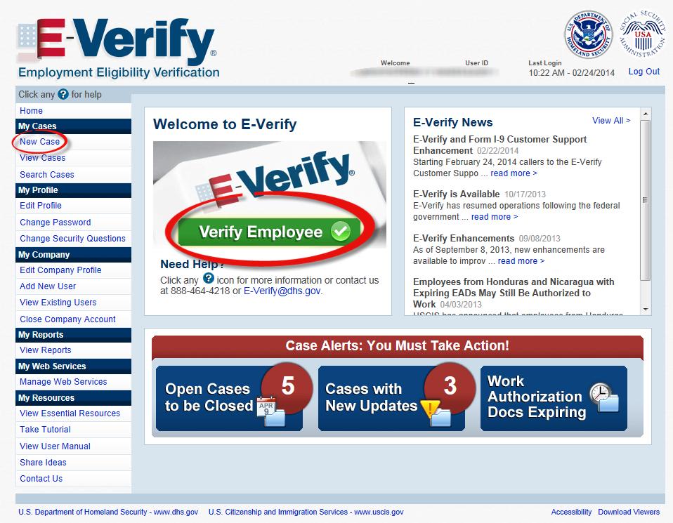 Creating an E-Verify Case Click
