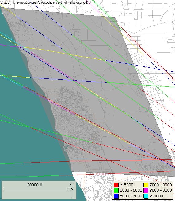 3.6.2 Jet Departures Figure 13 Night time jet arrivals above newly overflown area April 2010 Jet departures are all above 10,000 feet in altitude over the shaded area.