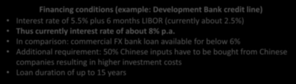 BRI financing conditions not that attractive Financing conditions (example: Development Bank credit line) Interest rate of 5.5% plus 6 months LIBOR (currently about 2.