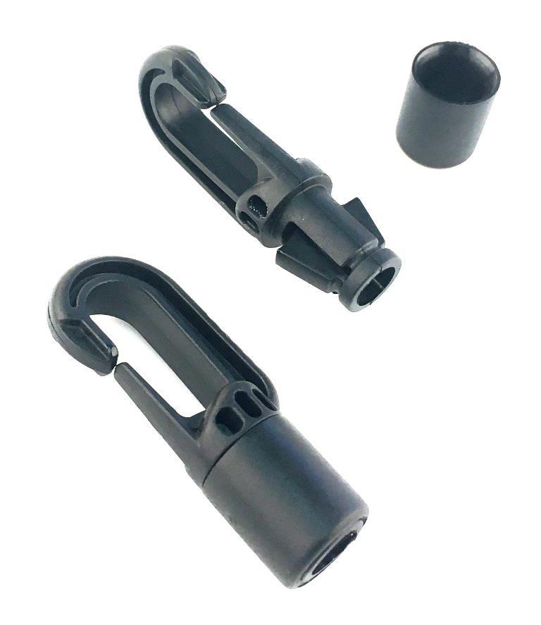 Auto locking bungee hooks Designed for use with 8 mm Monoflex TM elastic cables Quick and easy assembly Security lock Easily re-useable No