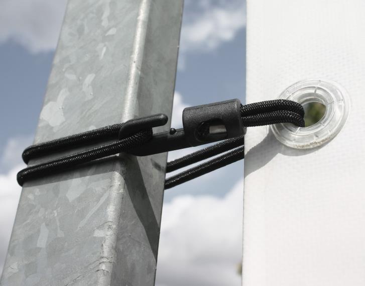 Bungee loops with mini hooks Hooks fitted with a security lock The reduced size of the hook allows to minimize the space between the frame and the banner Available with a white or