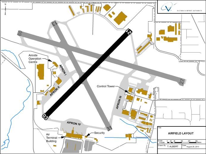 The runway identification system used at Victoria is Runway 09/27, Runway 14/32 and Runway 03/21.