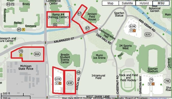 Parking (Lots 63E, 63W, 66A, 67, 75) *Kellogg Center Ramp #4 is available