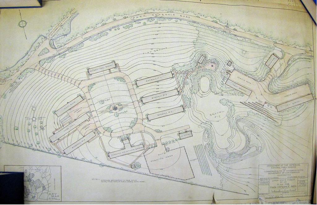 Camp SP-25, CCC 1935, Plan for layout of Camp SP25, CCC at Upton State Forest Immediately to the right of the entrance drive are what we know today as the North and South Barns at Upton State Forest.