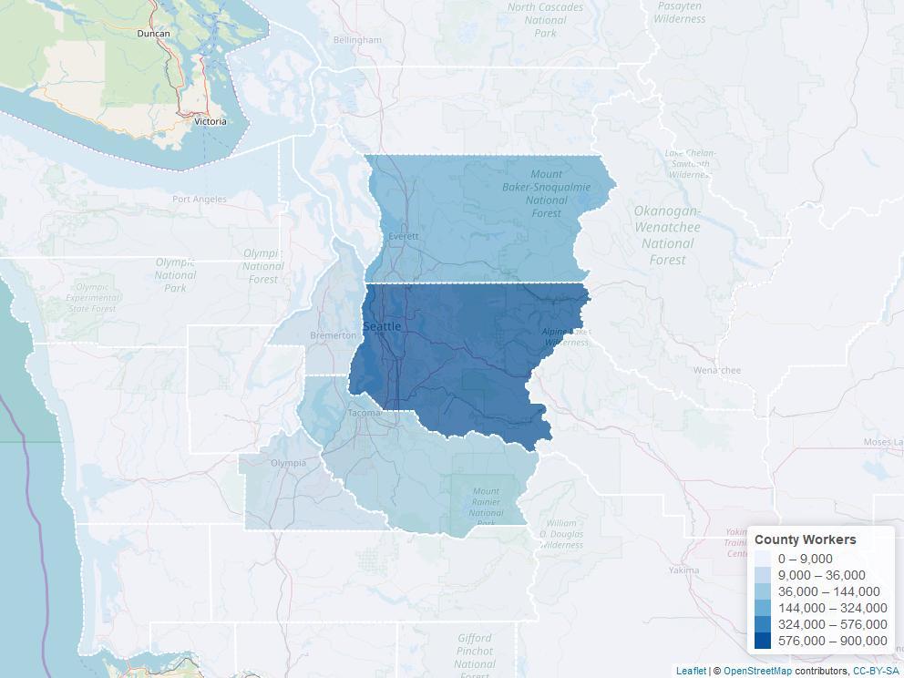 Where People with a Job in King County Live Jurisdiction Workers Share King 802,960 68.5% Snohomish 145,080 12.4% Pierce 108,610 9.3% Kitsap 22,270 1.9% Thurston 12,900 1.1% Seattle 286,870 24.