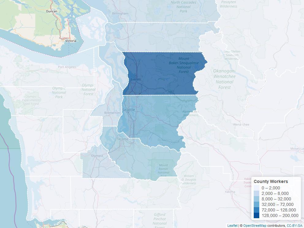 Where People with a Job in Snohomish County Live Jurisdiction Workers Share Snohomish 158,460 62.7% King 52,070 20.6% Pierce 10,540 4.2% Skagit 6,100 2.4% Island 5,140 2.0% Everett 25,970 10.