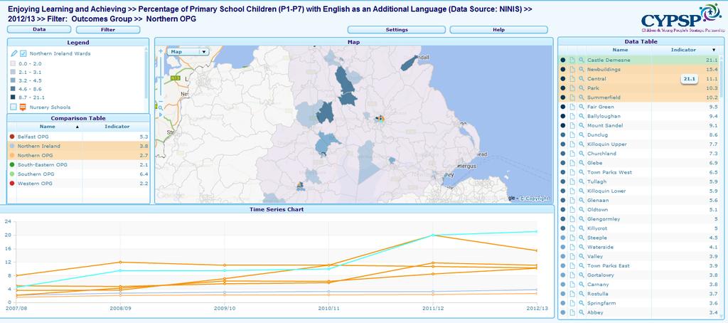 ENJOYING, LEARNING AND ACHIEVING The highest 5 wards are highlighted here for percentage of primary school children who have English as an additional language with Castle Demesne seeing the highest