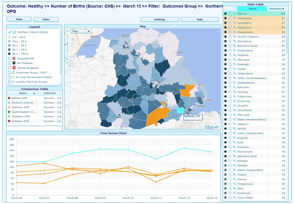 HEALTHY The top 5 areas with the highest births in the Northern Outcomes Area for the year ending March 2013 are highlighted above with highest being Mallusk with 155