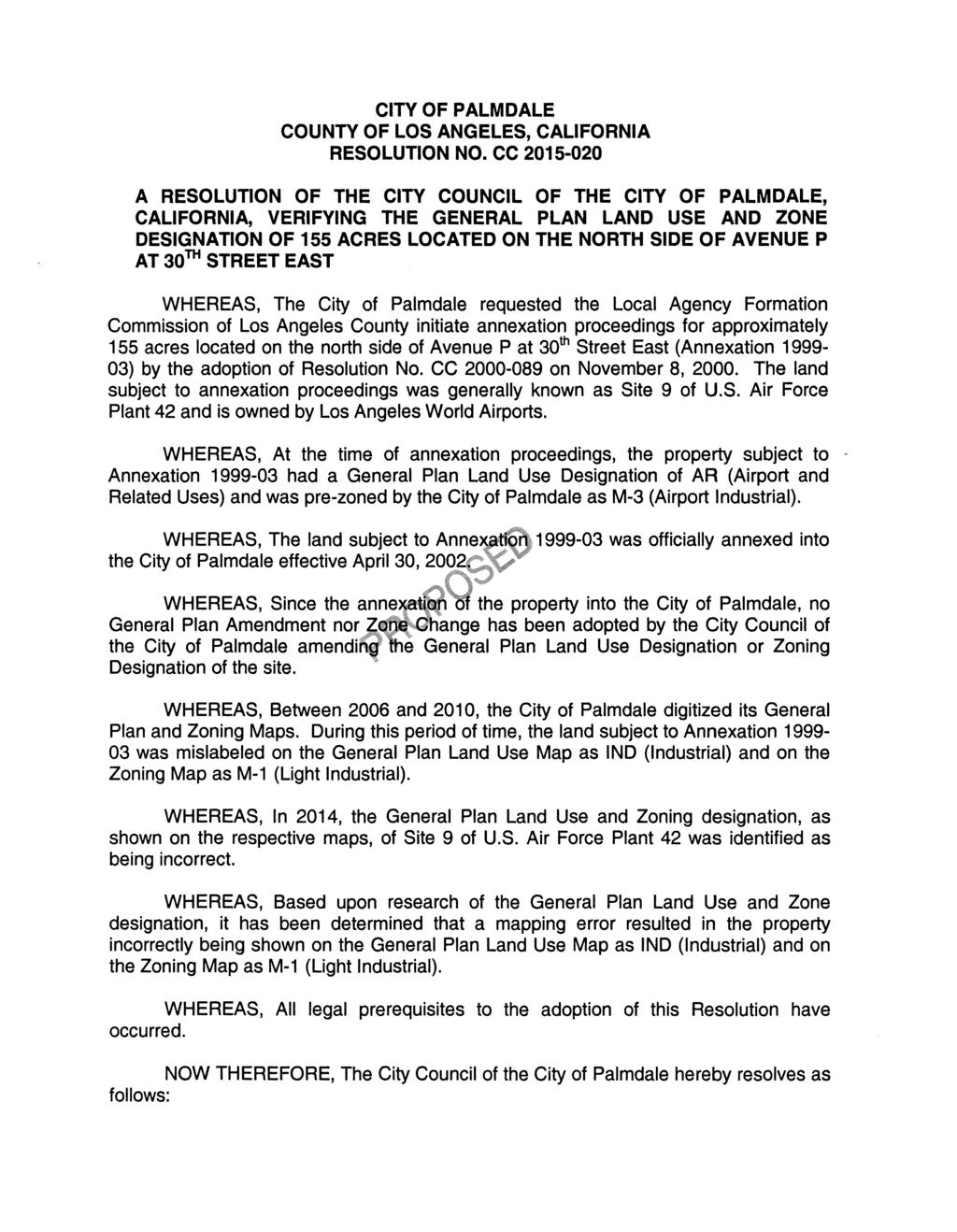 CITY OF PALMDALE COUNTY OF LOS ANGELES, CALIFORNIA RESOLUTION NO.