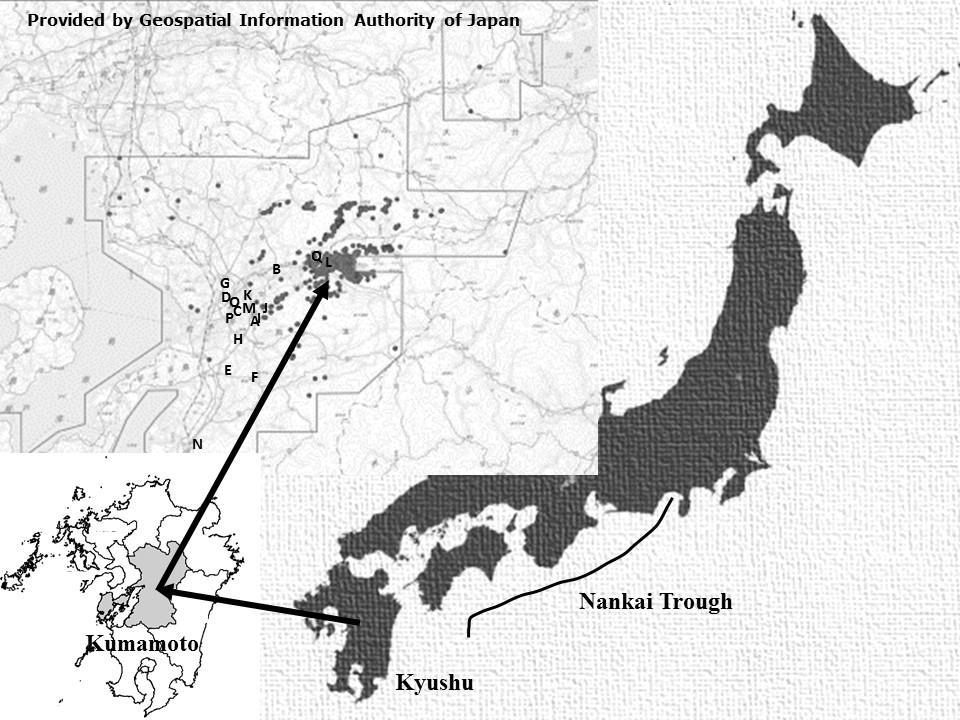 Figure legends Figure 1. The locationsof Kyushu, the Nankai Trough and Kumamoto prefecture (left lower figure). Kumamoto prefecture is located in western Japan and is not close to the Nankai Trough.