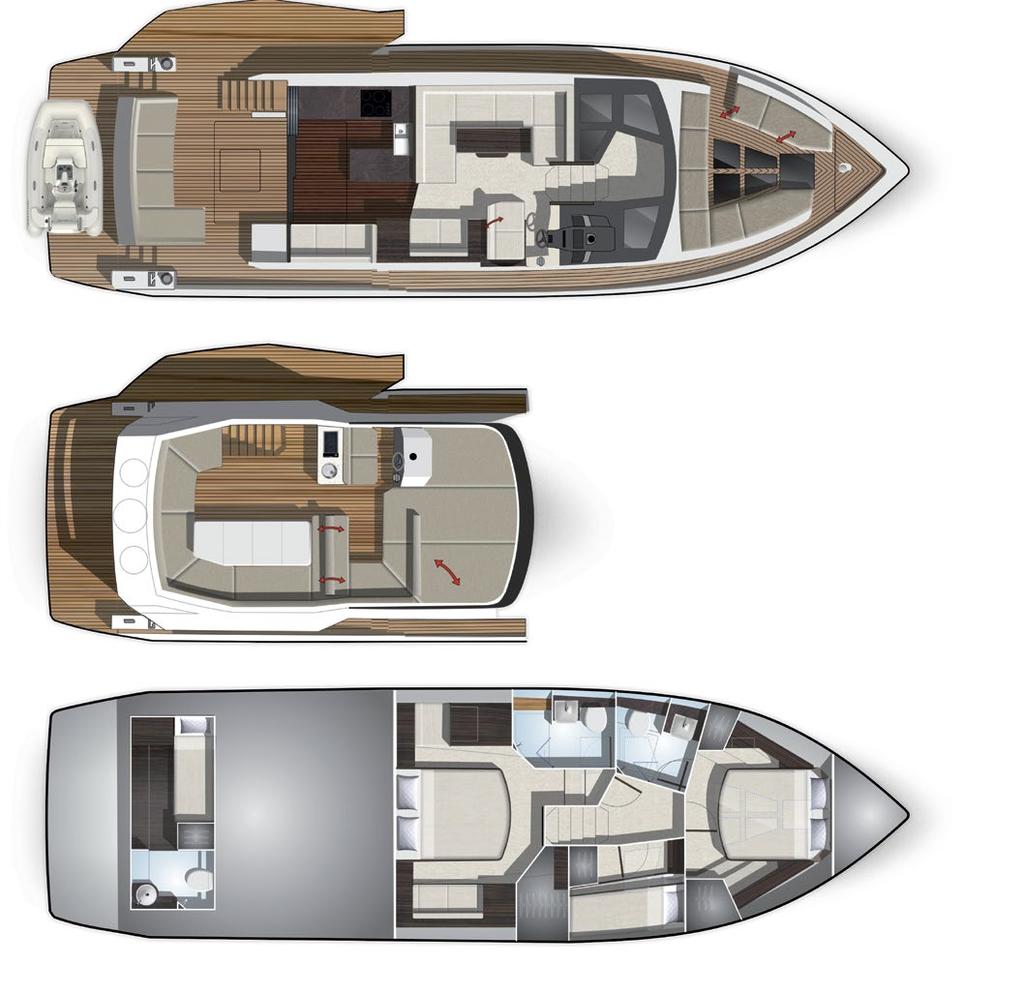 The bow area transforms into a sundeck automatically A large