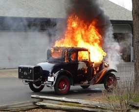 Breaking News Model A Destroyed by Fire Art Peary s newly acquired coupe was destroyed last week when it caught fire. Art doesn t have a clue at what was the ignition point.