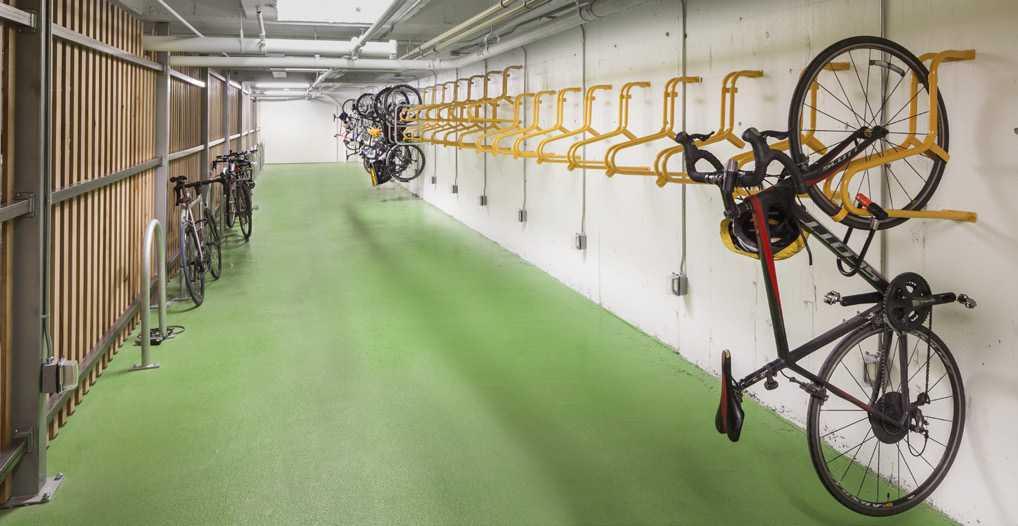 Bicycle rack located on A level of the parking garage available on a first-come first-serve basis. Electric Bicycle Rental Program for tenants.