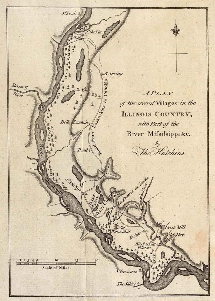 Figure 6-2: Kaskaskia-Cahokia Trail Source: Thomas Hutchins Map, published 1778 Fur traders and farmers soon joined the mission village, living peacefully with the natives and often inter-marrying.
