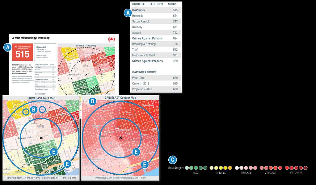 About the CRIMECAST Maps & Scores CRIMECAST Reports With a detailed, color-coded map and a spreadsheet of risk scores, users can identify potential asset protection concerns surrounding an address.