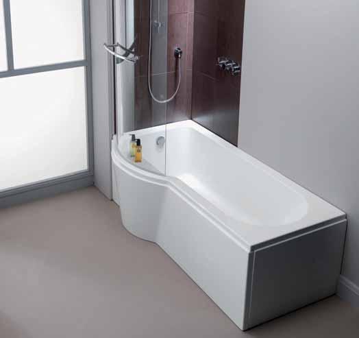 Premium Baths / Arco Puracast Handy built-in, integral shelf Arco P-Shaped Premium Shower Bath Left-Hand bath shown Arco - 1700 P-Shaped Shower Bath - Left-Handed PBSBLH17 Length 1700 x Width 850 x
