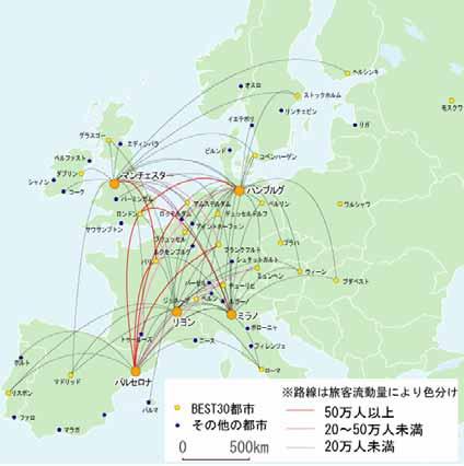 Passenger Mobility within Day-trip Range in Europe and East Asia * Color coding of flight routes indicates