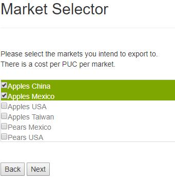 This next step allows you to indicate which orchards should be registered for each special market.