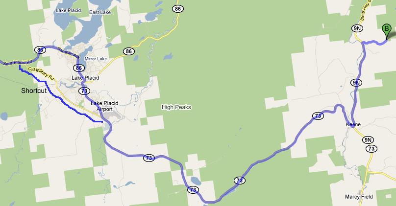 Shortcut around Lake Placid Map to Hut