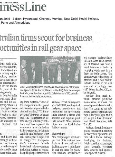 1 tralian Business Week in India 2015 Rail Sector Program Over 20 Australian delegates 5-day program in 3 cities Meetings with top officials and executives -