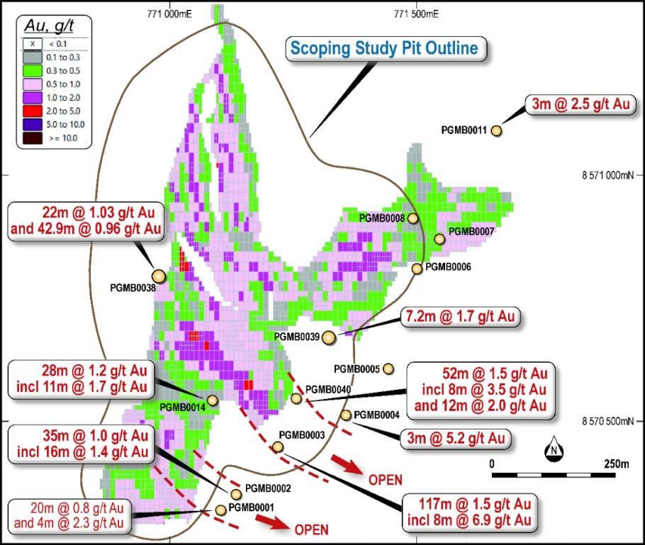 Figure 2: Map showing recent significant drilling results at the Rustlers Roost deposit which is presented as a section of the block model drawn at the 10m RL Rustlers Roost Updated Gold Resource As