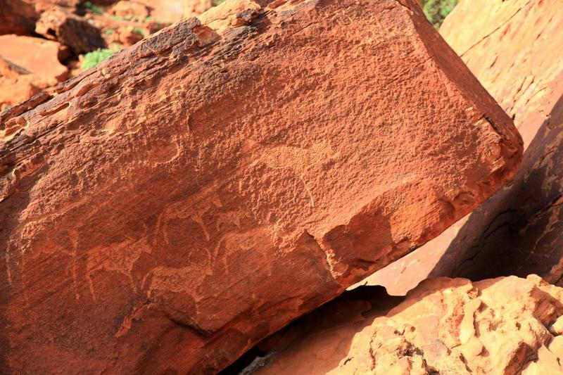 Sandstone rocks at Twyfelfontein are covered by the so-called desert varnish, a hard patina that appears brown or dark grey.