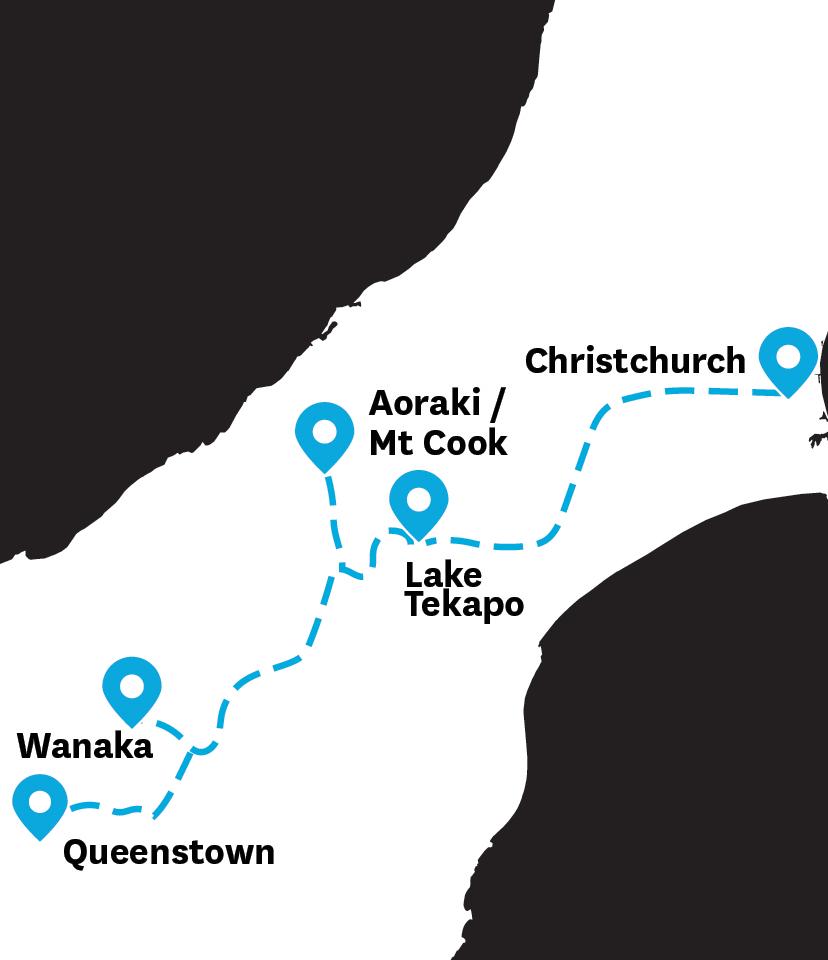 Alpine Lakes Journey Suggested Length: 4-5 Days, 611 km Highlights: Christchurch City