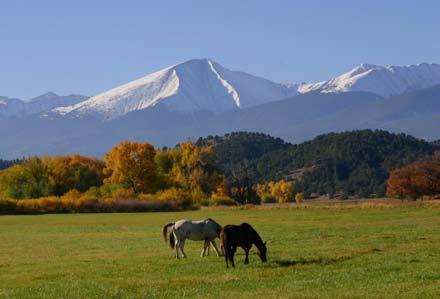 Sandwiched between sections of the San Isabel National Forest, the ranch has magnificent views of the snowcapped peaks of